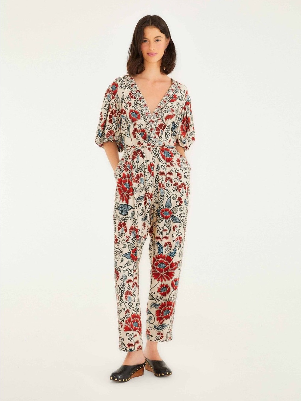 Sand Francesca V Neckline Short Sleeve Jumpsuit by Farm Rio